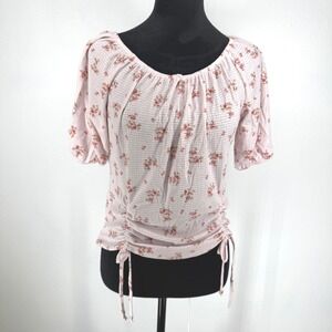 DISCREET Women Pink Floral Waffle Knit Ruched Drawstring Milkmaid Crop Top L VTG